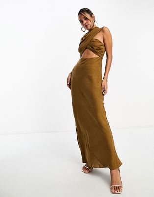 ASOS DESIGN washed wrap neck maxi dress with cut out waist detail in tan-Brown