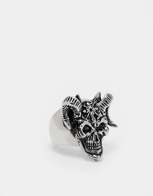 ASOS DESIGN waterproof stainless steel ring with skull horns in burnished silver