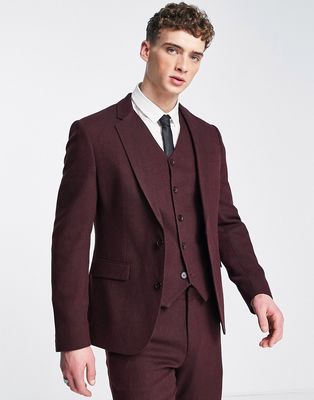 ASOS DESIGN wedding skinny wool mix suit jacket in burgundy herringbone-Red