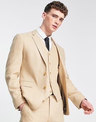 ASOS DESIGN wedding skinny wool mix suit jacket in stone herringbone-Neutral