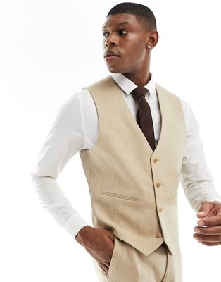 ASOS DESIGN wedding slim wool mix suit vest in beige basketweave texture-Neutral