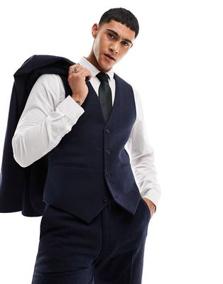 ASOS DESIGN wedding slim wool mix suit vest in navy basketweave texture