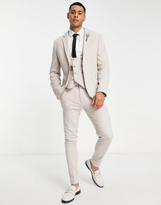 ASOS DESIGN wedding super skinny suit pants in birdseye texture in stone-Neutral