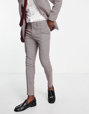 ASOS DESIGN wedding super skinny suit pants in wine birdseye texture-Red