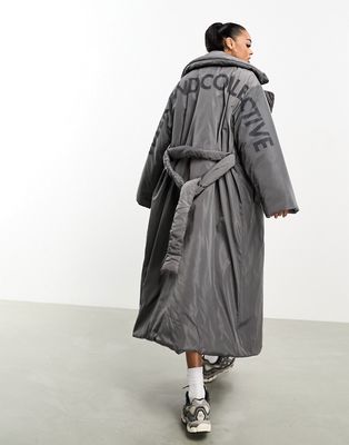 ASOS DESIGN Weekend Collective belted longline padded coat with back graphic in charcoal-Gray