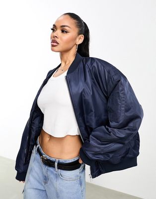 ASOS DESIGN Weekend Collective oversized bomber jacket with back logo in navy