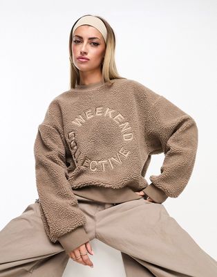 ASOS DESIGN Weekend Collective oversized borg sweatshirt with embroidered logo in taupe-Neutral