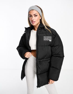 ASOS DESIGN Weekend Collective waisted padded coat with logo in black
