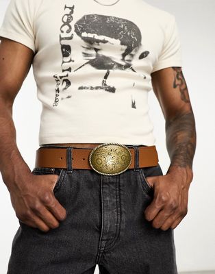 ASOS DESIGN western belt with statement buckle in brown faux leather