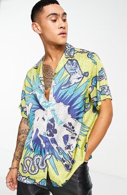 ASOS DESIGN Western Print Relaxed Fit Short Sleeve Button-Up Satin Shirt in Multi