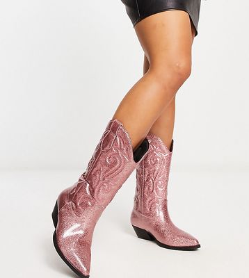 ASOS DESIGN Wide Fit Andi flat western knee boots in pink glitter