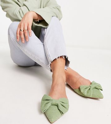 ASOS DESIGN Wide Fit Lass oversized bow pointed flat mules in green tweed