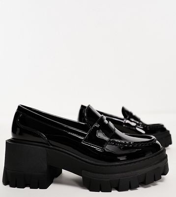 ASOS DESIGN Wide Fit Script chunky mid heel loafers in black patent