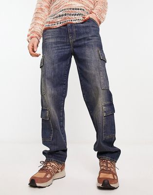 ASOS DESIGN wide leg jeans with cargo pockets in dark tint-Blue