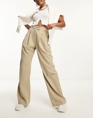 ASOS DESIGN wide leg pleated pants in neutral
