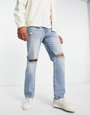 ASOS DESIGN wide straight leg jeans in tinted mid wash with knee rips-Blue