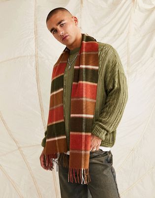 ASOS DESIGN wool blend scarf with check detail in tobacco-Brown
