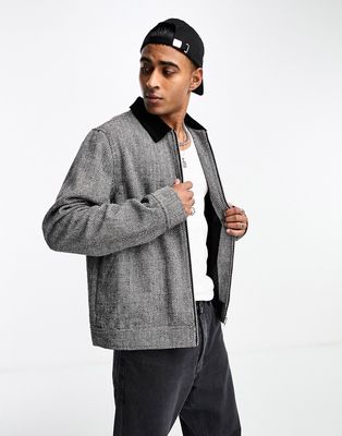ASOS DESIGN wool look textured harrington jacket with cord collar in gray-Black