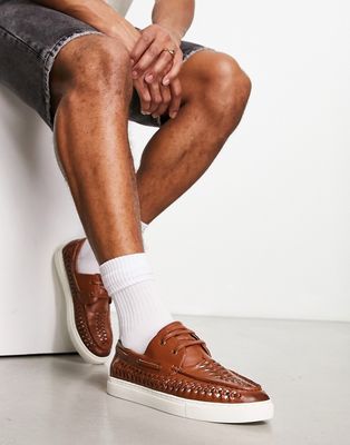 ASOS DESIGN woven boat shoes in tan faux leather with contrast sole-Brown