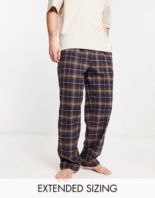 ASOS DESIGN woven lounge bottom in navy and brown brushed plaid-Blue
