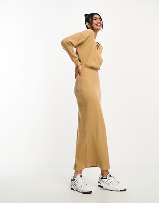 ASOS DESIGN wrap front midi supersoft ribbed dress with long sleeve in camel-Brown