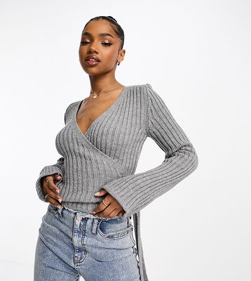 ASOS DESIGN wrap sweater with tie waist in gray
