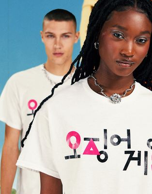 ASOS DESIGN X Squid Game: The Challenge unisex t-shirt with logo in white-Black