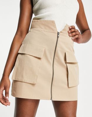 ASOS DESIGN zip up utility mini skirt in stone-Neutral