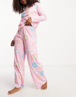 ASOS DESIGN zzz long sleeve top & pants pajama set in pink