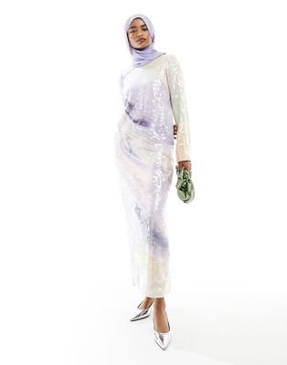 ASOS EDITION all over sequin long sleeve maxi dress in pastel abstract print-Multi