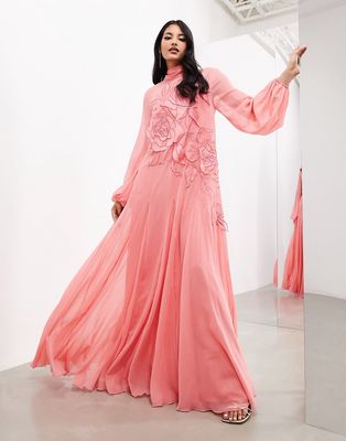 ASOS EDITION applique floral tie neck blouson sleeve trapeze maxi dress in light pink
