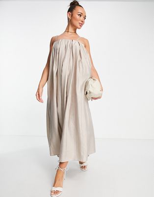 ASOS Edition bandeau maxi dress with pleat detail in oyster-Neutral