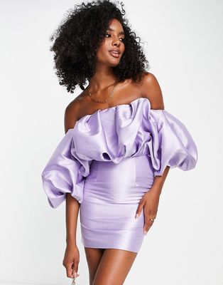 ASOS EDITION blouson off shoulder mini dress in satin twill in lilac-Purple