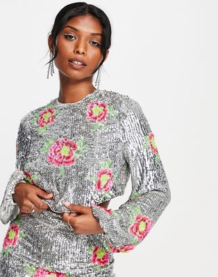 ASOS Edition blouson sleeve crop top in floral sequin-Silver