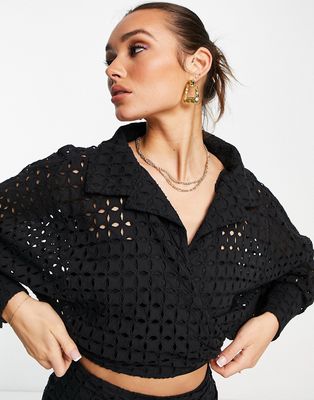 ASOS EDITION broderie wrap shirt with tie in black