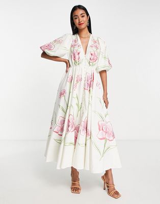 ASOS EDITION button front bright floral embroidered midi dress-White