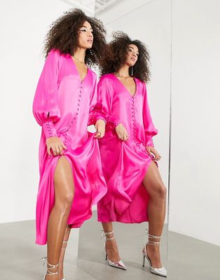 ASOS EDITION button front midi dress in hot pink