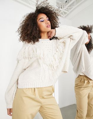 ASOS EDITION cable sweater with tassels in cream-White