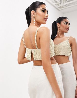 ASOS EDITION cami v neck embellished pearl crop top in cream-White