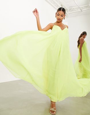 ASOS EDITION chiffon cami maxi dress with drawstring strap details in lime green