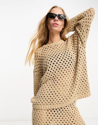 ASOS EDITION crew neck long sleeve knit top in camel-Neutral