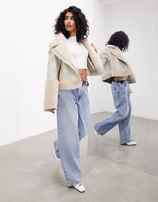 ASOS EDITION cropped hi-shine borg lined coat in cream-Neutral