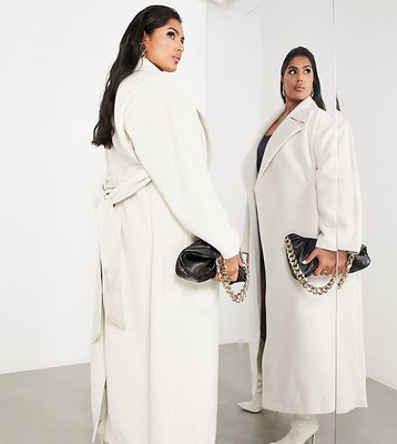 ASOS EDITION Curve belted longline wool mix coat in cream-White