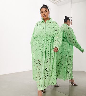 ASOS EDITION Curve broderie drawstring long sleeve midi shirt dress in bright green