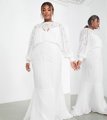 ASOS EDITION Curve Ella blouson sleeve beaded cutwork wedding dress in cream-White