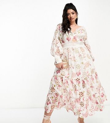 ASOS EDITION Curve eyelet twist front midi dress with puff sleeve in floral print-Multi