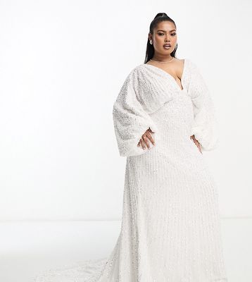 ASOS EDITION Curve Lennox sequin blouson sleeve wedding dress with train in ivory-White