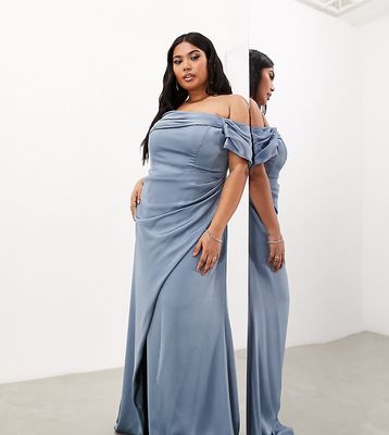 ASOS EDITION Curve satin bardot drape wrap maxi dress in dusky blue