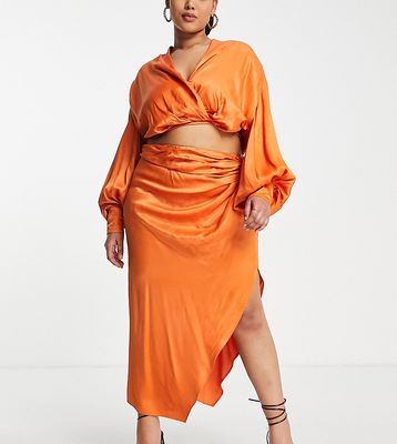 ASOS EDITION Curve satin knot front midi skirt with split in spicy orange