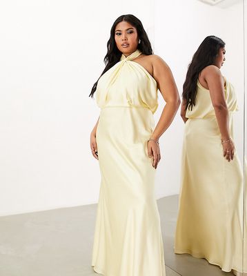 ASOS EDITION Curve satin ruched halter neck maxi dress in lemon-Yellow